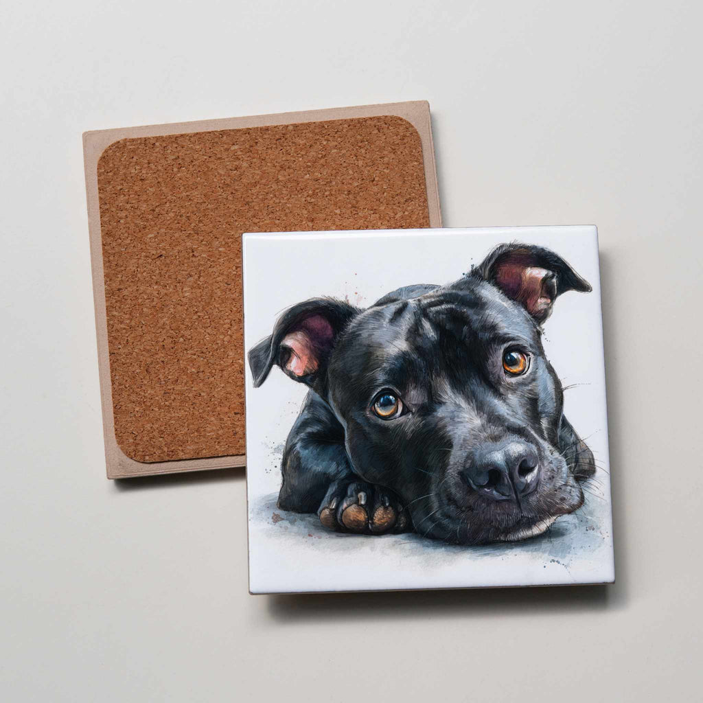 Staffordshire Bull Terrier - Black -LD close - Coaster