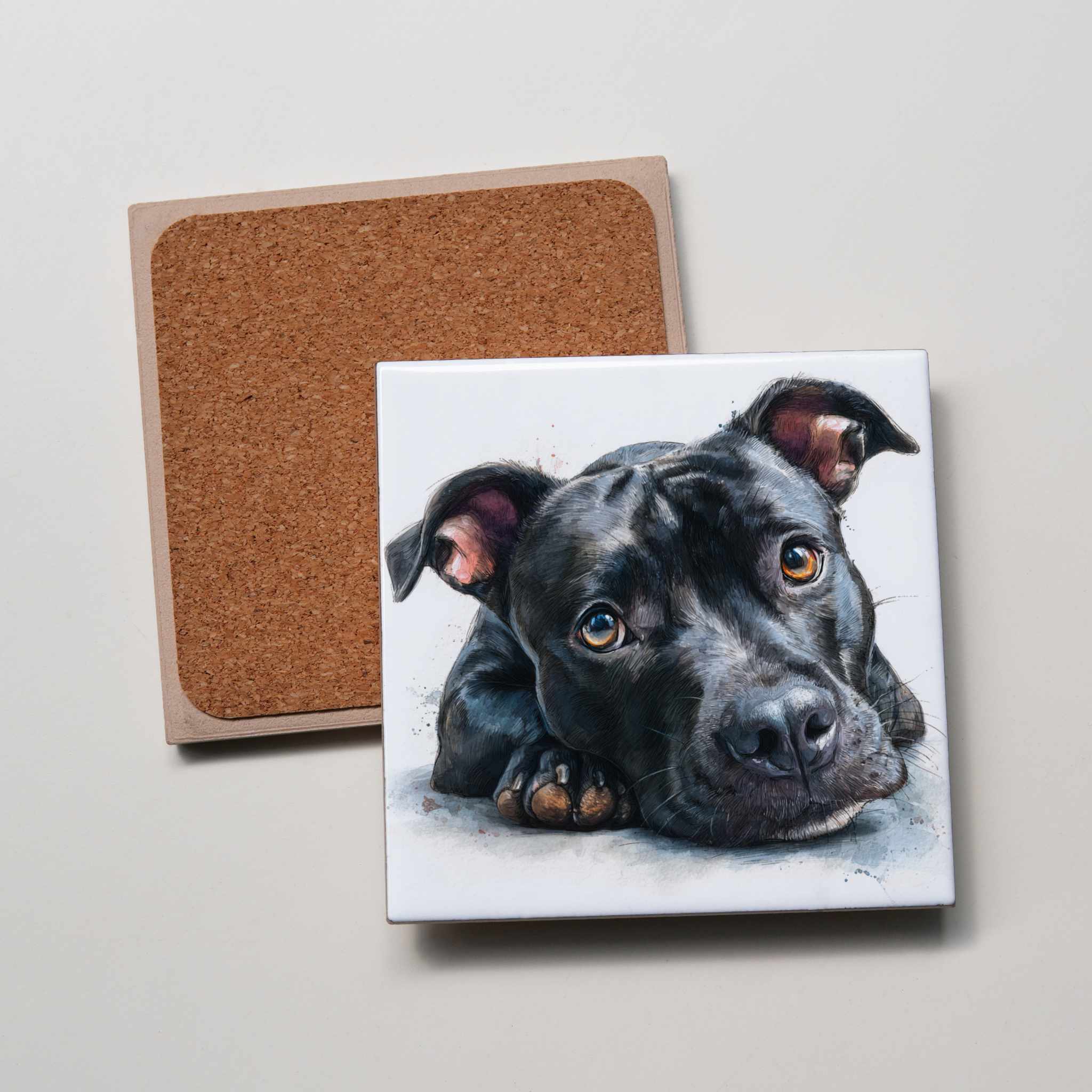 Staffordshire Bull Terrier - Black -LD close - Coaster