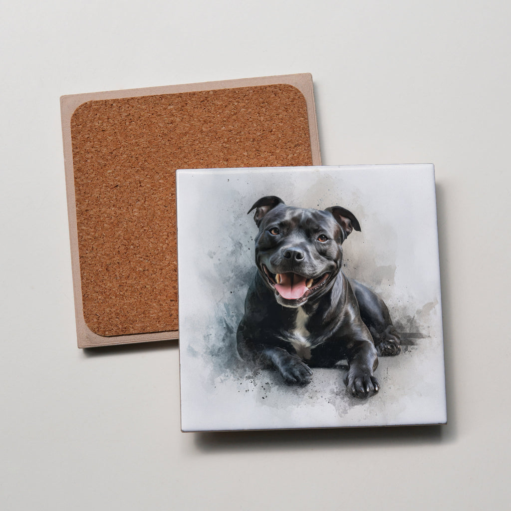 Staffordshire Bull Terrier - Black  with white strip -LD - Coaster