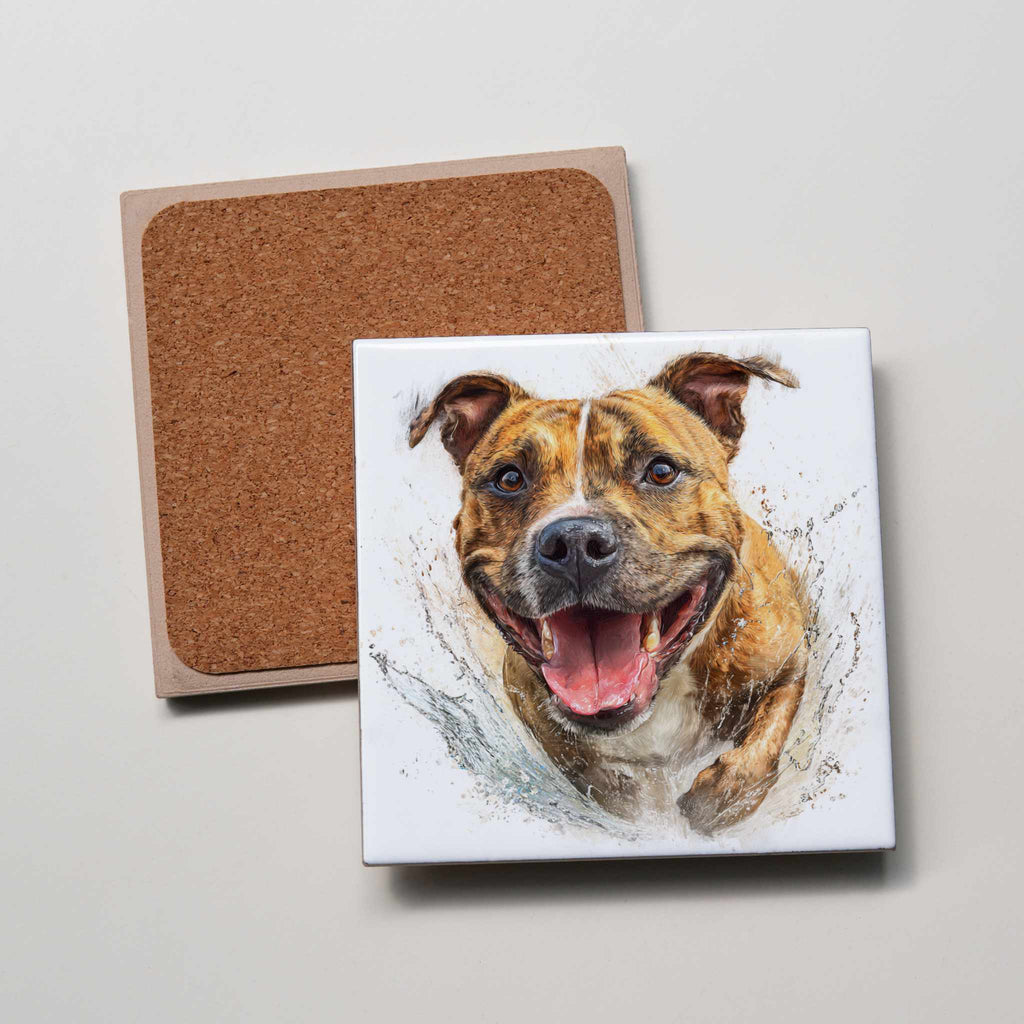 Staffordshire Bull Terrier - tan - running - Coaster