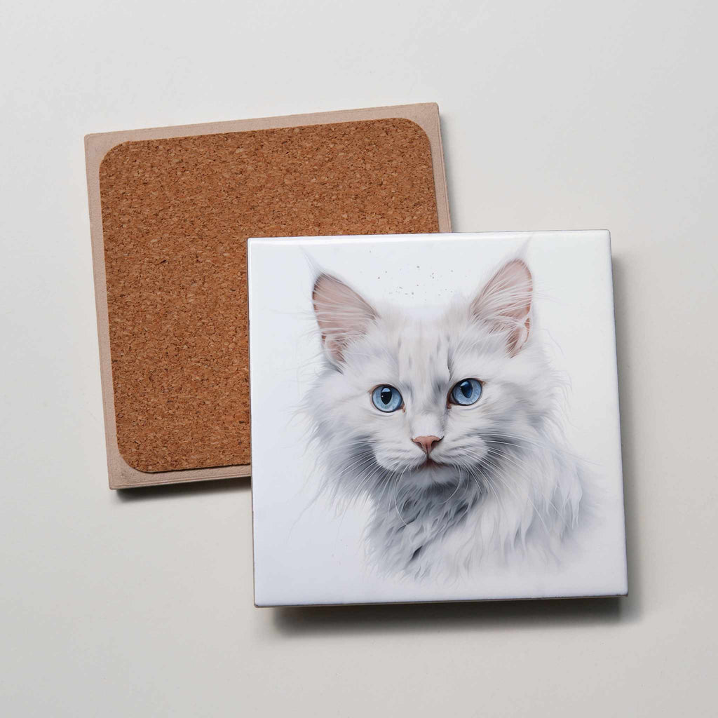 White Fluffy Cat - Coaster